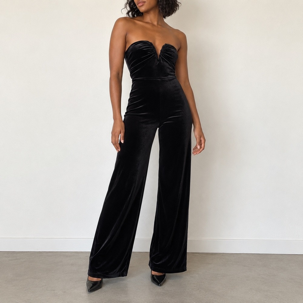Lulus Moody at Midnight Black Velvet Notched Strapless Jumpsuit Small Party